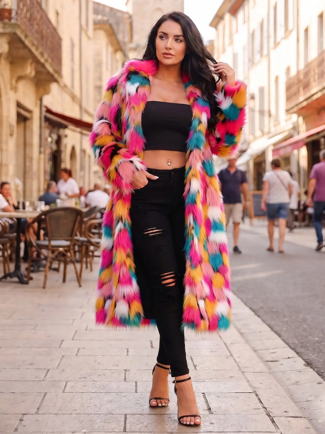 Women's Lapel Collar Colorful Faux Fur Mid‑Length Coat, Feather‑Texture Fluffy Fringe Outerwear, Trendy Fall Winter Party & Street Looks