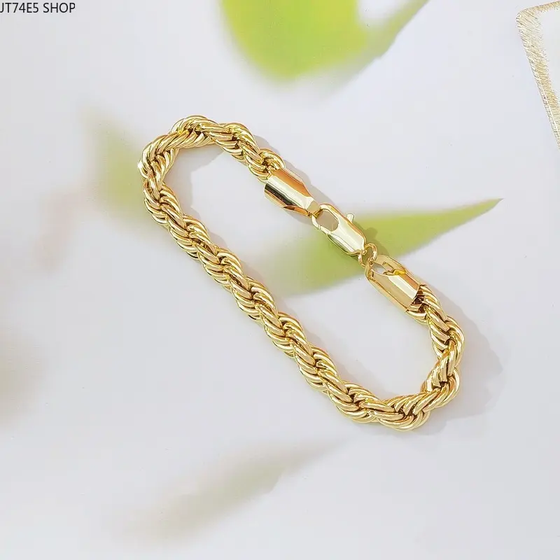 Gold Plated Twisted Rope Chain Bracelet For Men & Women, Distinctive Textured Metal Daily Stackable Wrist Jewelry Gift