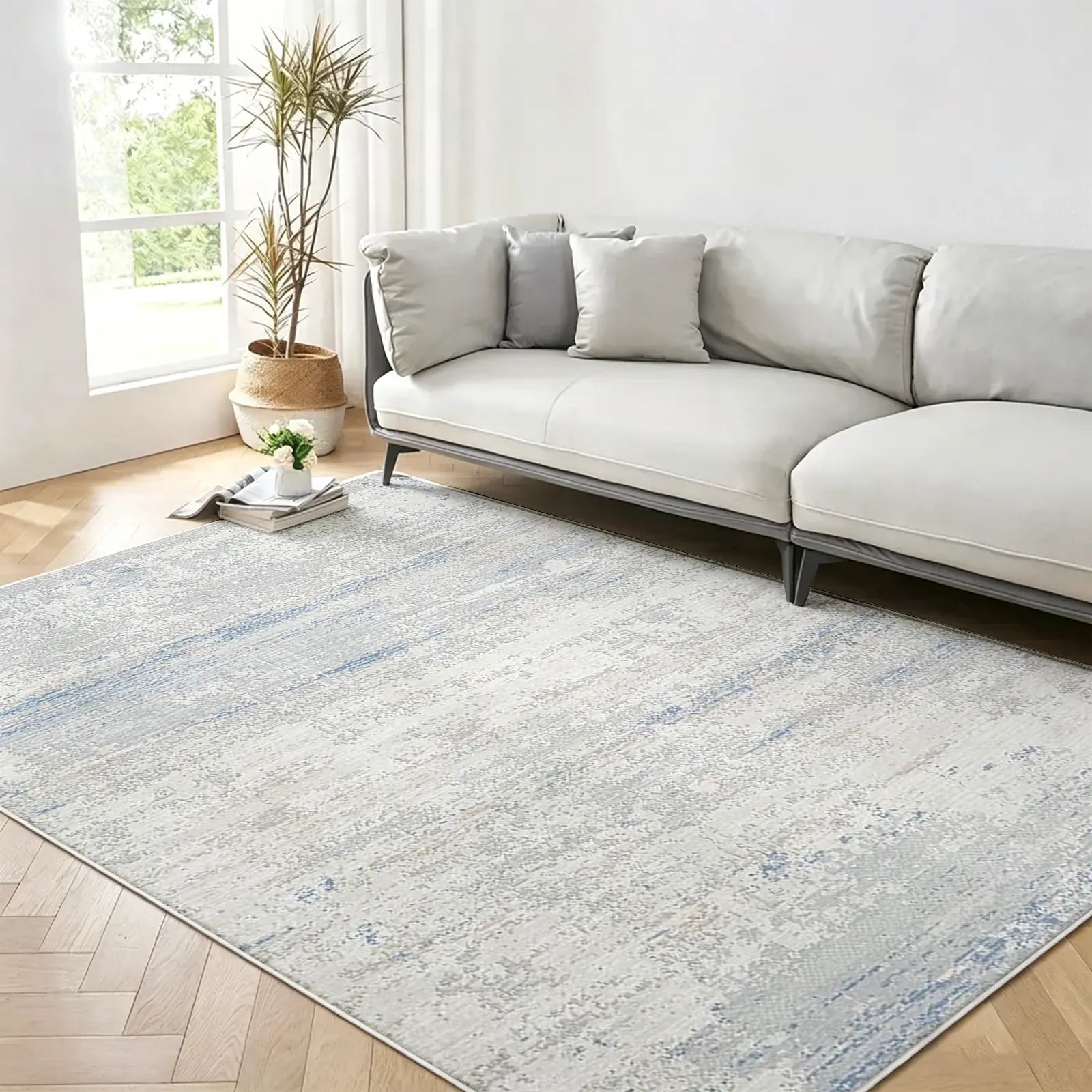 Distressed Light Blue Gray Area Rug, Faded Brushed Texture Non-Slip Living Room Floor Mat, Washable Low Pile Stain-Resistant Carpet, Pet-Friendly Modern Farmhouse Minimalist Home Decor (Various Sizes) ﻿