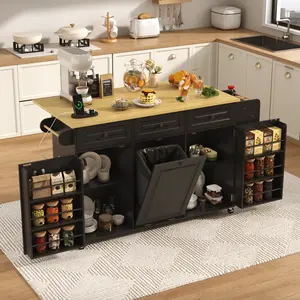 63 inch Rolling Kitchen Island with Power Outlet, Drop Leaf & Storage Cabinet - Mobile Cart with Hidden Trash Cabinet, Spice Rack, Shelves, and Towel Holder for Small Spaces,Black