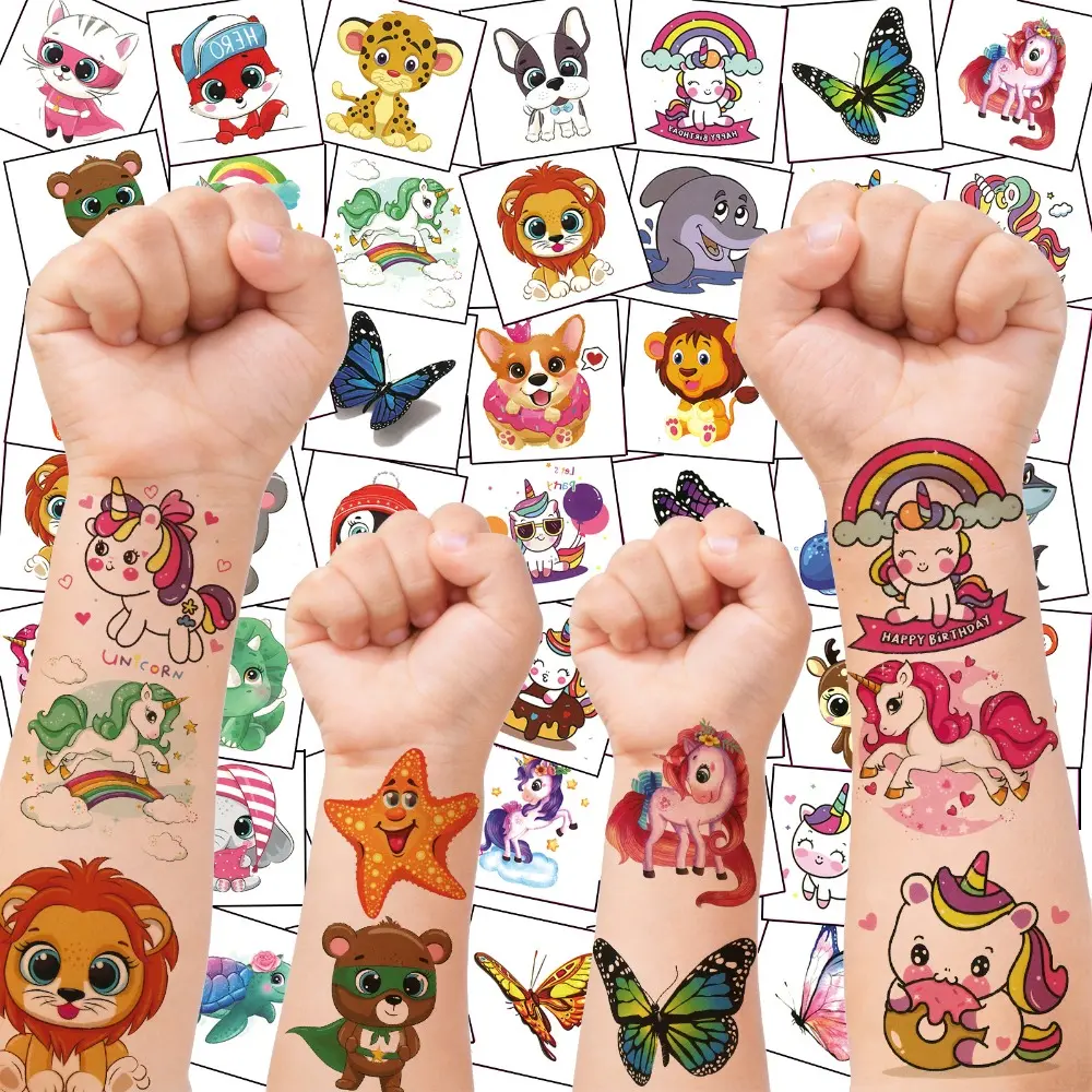50pcs Random Patterns Cute 3D Animals Butterfly Mermaid Unicorn Kids Temporary Tattoos for Boys and Girls 3D Cartoon Fake Tattoos Fun Small Tattoo Birthday Party Favor Sets Decoration