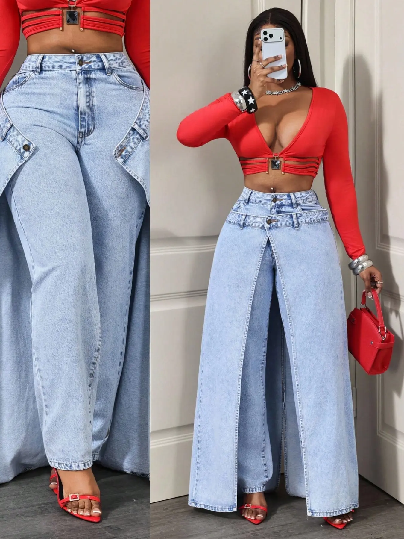 American Style Hot Girl Flounce Wide Leg Jeans, High Waist Dual Waistband Detachable Flounce Split Wide Leg Denim Jeans, Fresh Look