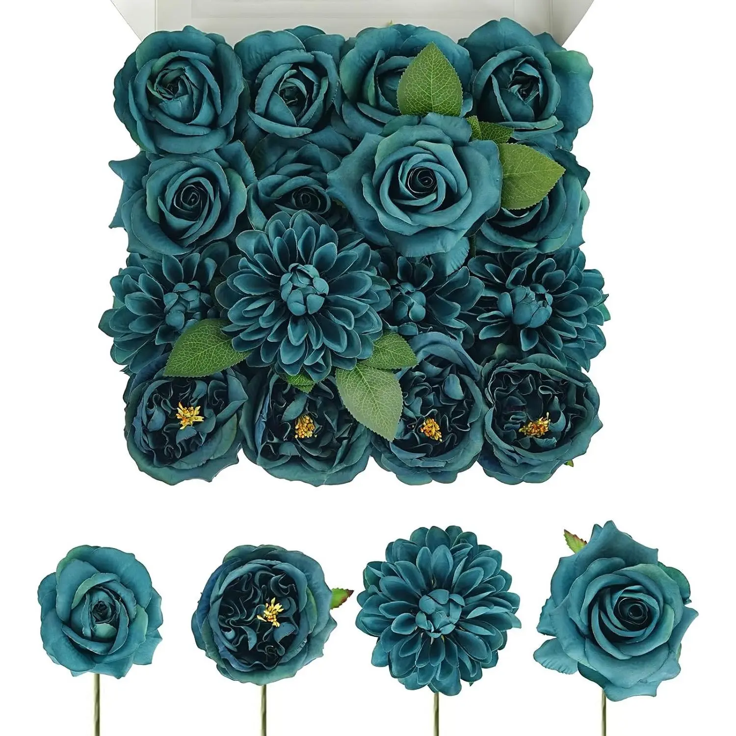 TINGE TIME Decorative Silk Rose & Dahlia Combo Box Set - 16 Stems Plastic Artificial Flowers with Iron Stems & Leaves, Boho Rustic Table Centerpieces for Wedding & Home Autumn Fall Ornaments (Dark Teal)
