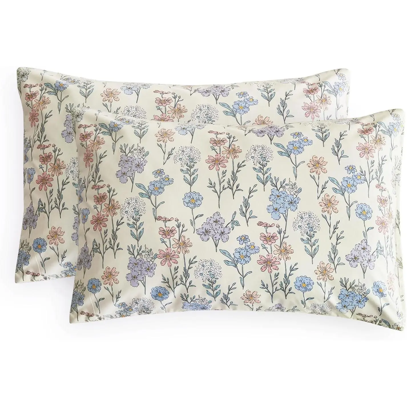 Brushed Fiber Floral Pillow Cases - 2-Piece Set, Cute Colorful Botanical Print, Shabby Chic Cottagecore, Blue Standard Size 20x26 in, Bedroom Decor Home Interior Pillow Shams Covers