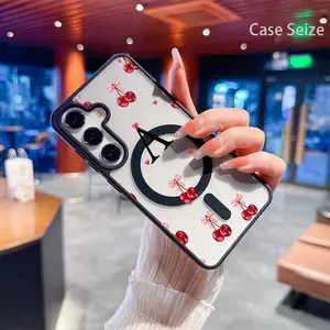 Phone Case: Red Cherries with Pink Bows and Hearts Pattern Black Border Magnetic Phone Case, Anti-Yellowing, Slim Lightweight & Bare Feel, Luxury Premium Design for Samsung Galaxy S22 S23Fe S24 S25 Plus Ultra, Trendy & Perfect Gift