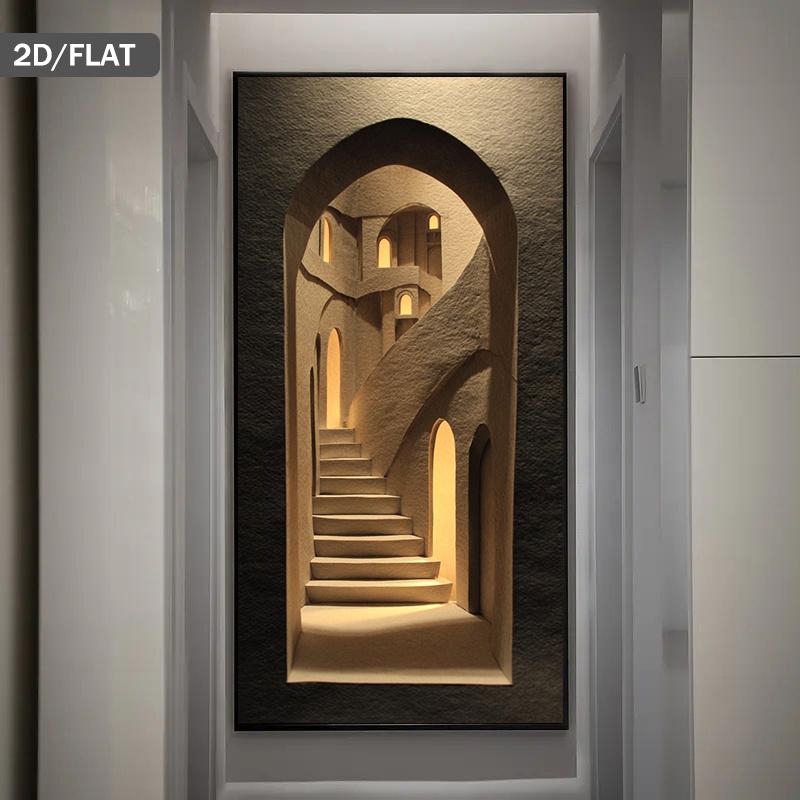 Wooden Framed Canvas Painting Wall Art1 Large Modern Abstract Illusion staircase Wall Art - 2D flat beige and brown optical illusion canvas painting, suitable for living room and bedroom - Wooden framed minimalist mural poster Wrapped in canvas