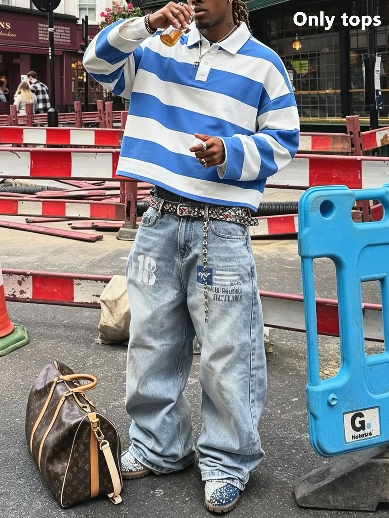 Men's Street Style Short-Sleeved Polo Shirt, Blue and White Striped Loose Rugby Shirt, Retro Street Style, Suitable for Everyday Hip-Hop Outfits.