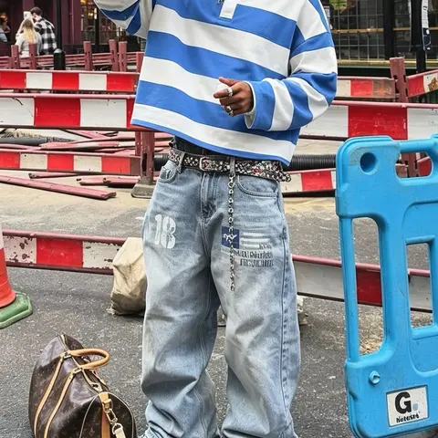 Men's Y2K Rugby Shirt, Long Sleeve Blue & White Striped Boxy Polo Collar Top, Casual Polo Shirt, Retro Streetwear Hip-Hop Outfit for Fall & Winter