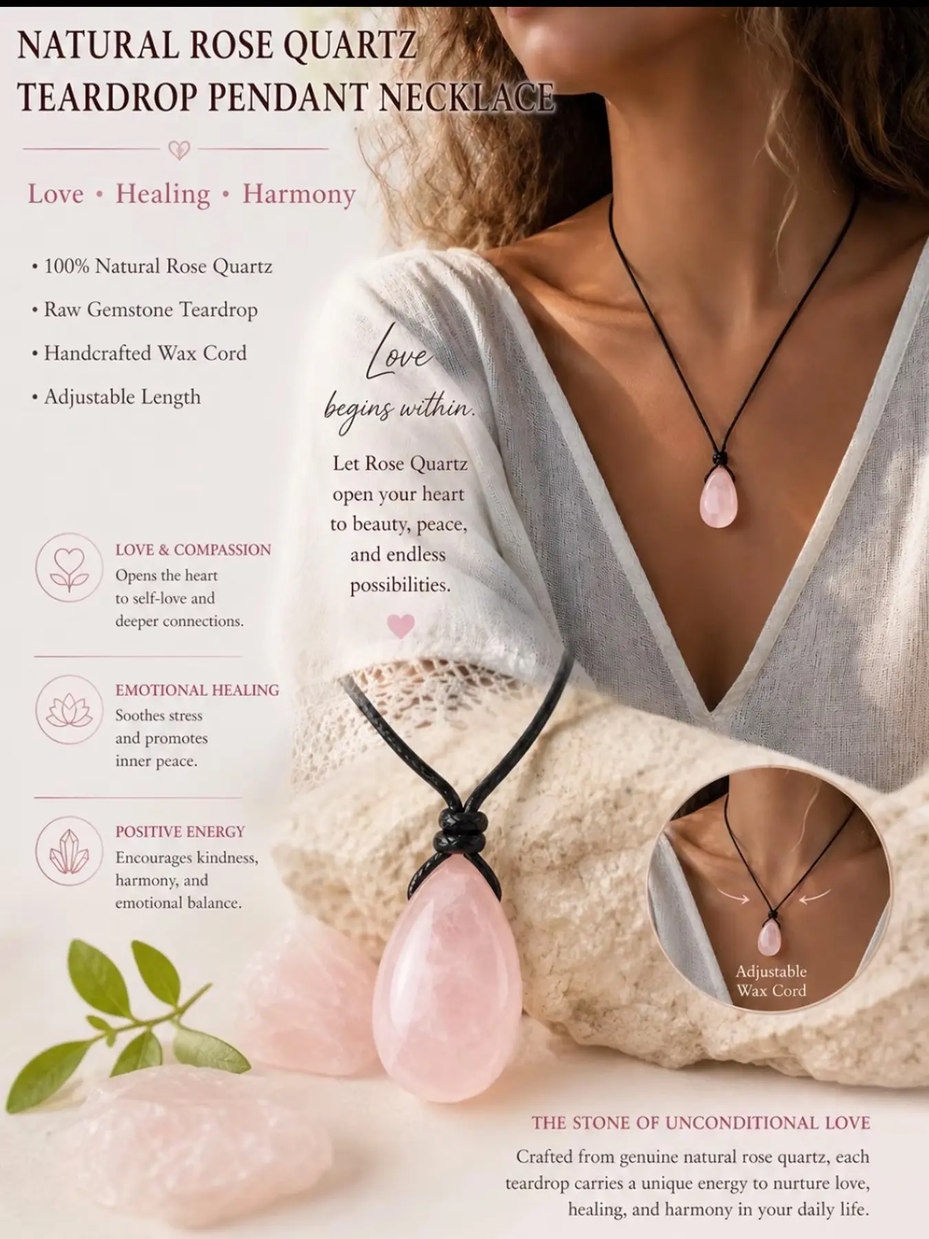 Women's Natural Crystal Teardrop Pendant Necklace, Polished Healing Crystal Jewelry, Adjustable Braided Cord, Spiritual Energy Gemstone