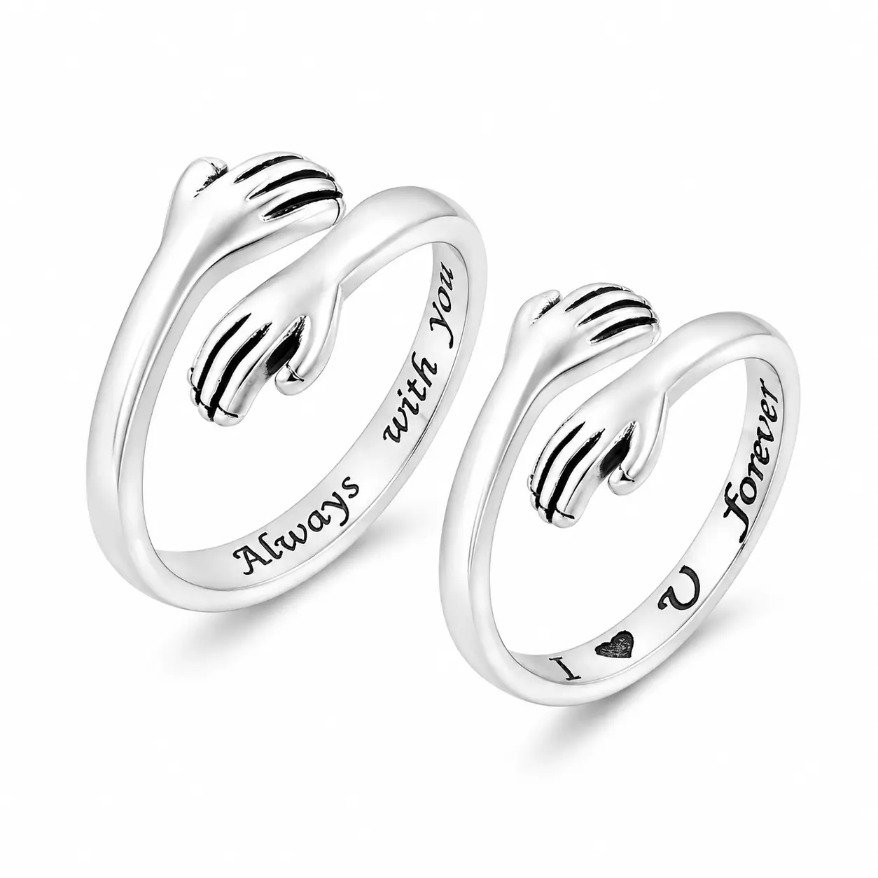 2pcs Adjustable Hug Rings, Love-Themed Couples Bands Jewelry for Men & Teenagers (I Love You Forever Always with You Design)