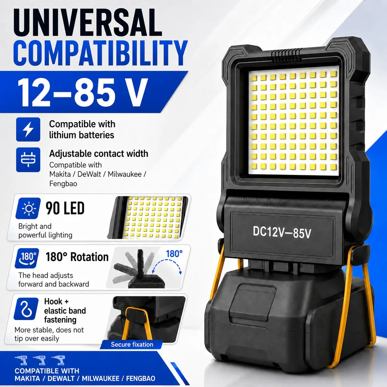 Universal LED Work Light, Portable Working Lights, Compatible with Milwaukee/Makita/DeWalt/Fengbao/DAYI 12–85V Batteries, 20W 800LM Floodlight for Camping, Vehicle Repair, and Emergency Lighting, Battery Not Included