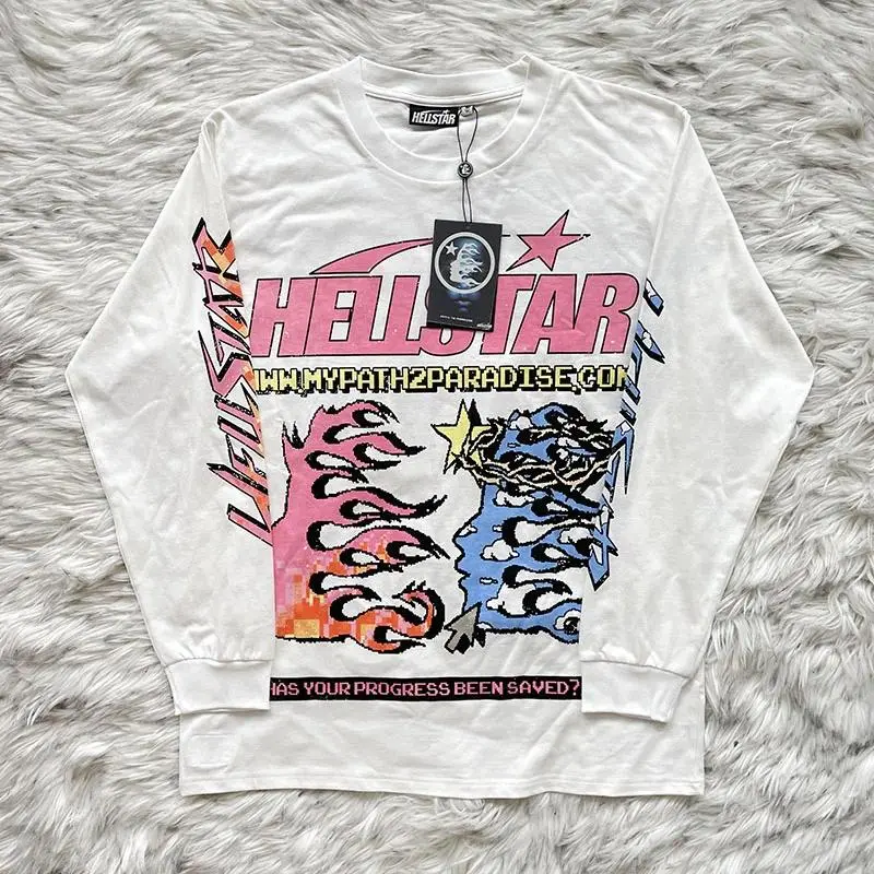 Hellstar Graphic Long Sleeve T Shirt for Men Women, Y2K Streetwear Crewneck Tee, Oversized Casual Cotton Top with Flame Print, Trendy Hip Hop Skatewear Fashion Shirt