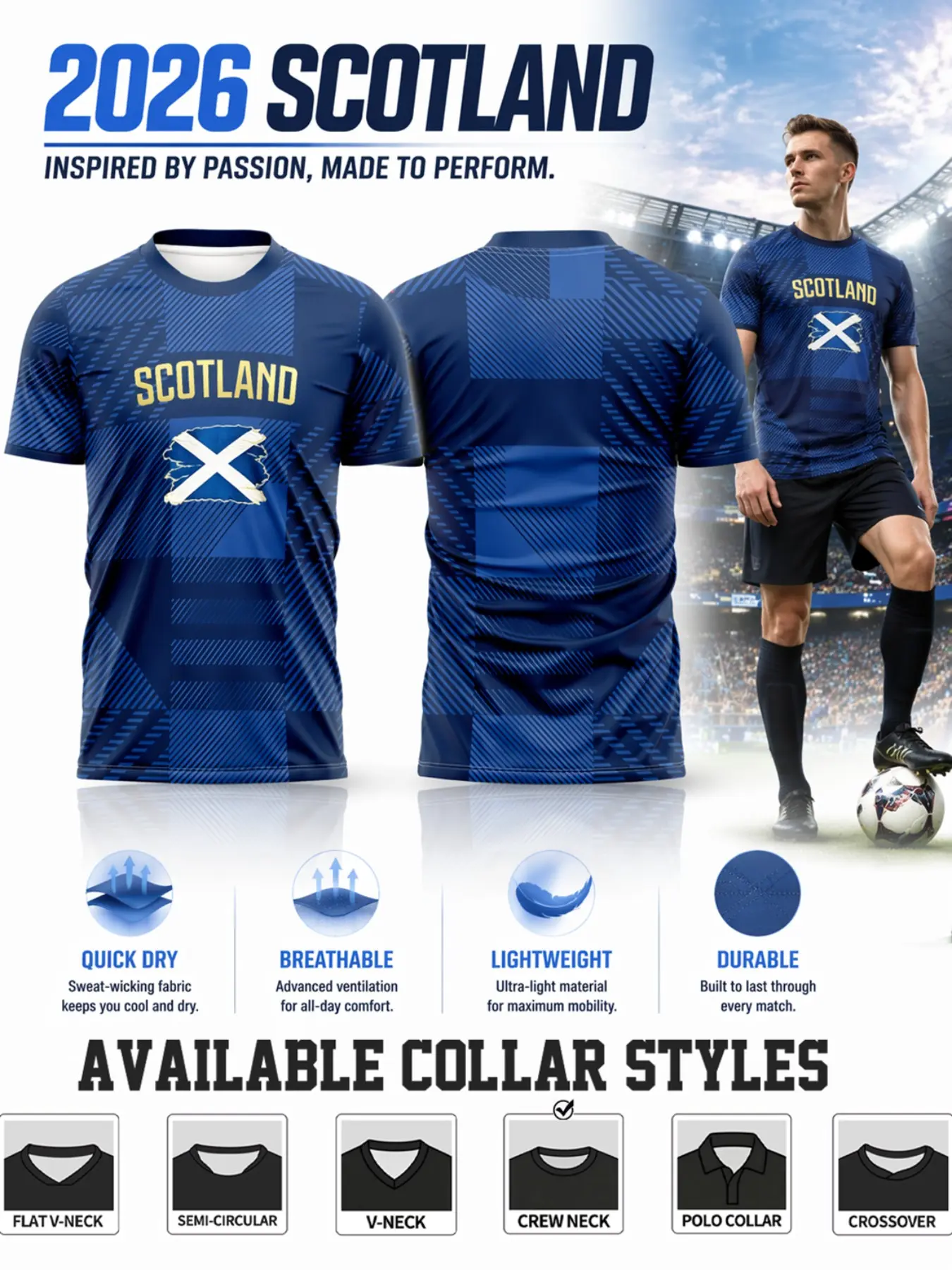 2026 Scottish Football Jersey, Short Sleeve High-Performance Soccer Top, Quick-Dry Breathable Sportswear for All Seasons