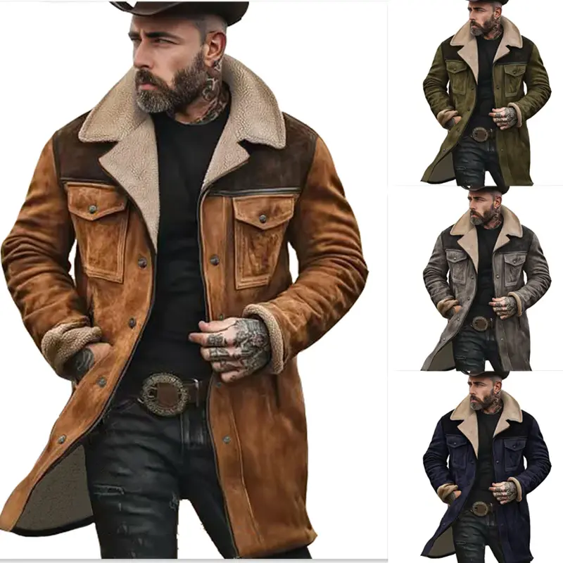 Men's Faux Suede Sherpa Lined Jacket Mid-Length Western Cowboy Trucker Coat Vintage Fleece Warm Winter Outerwear with Pockets Menswear Tops