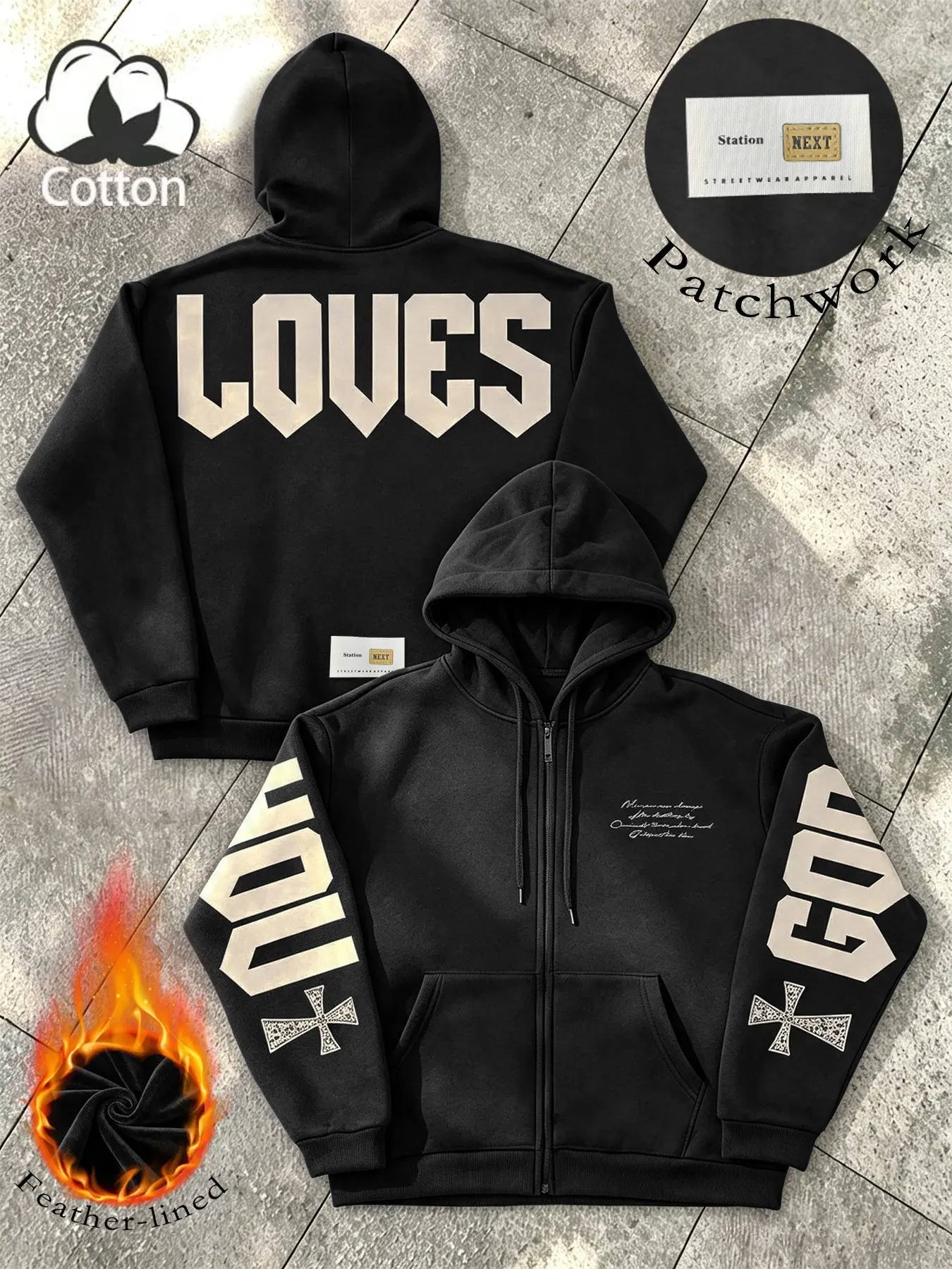 Men’s and women’s versions of the Y2K American street style God Loves letter cross-stitch pattern printed zip-up jacket with fleece lining, perfect for autumn and winter. It’s a cozy, warm outerwear piece suitable for street fashion, dark grunge styles, a
