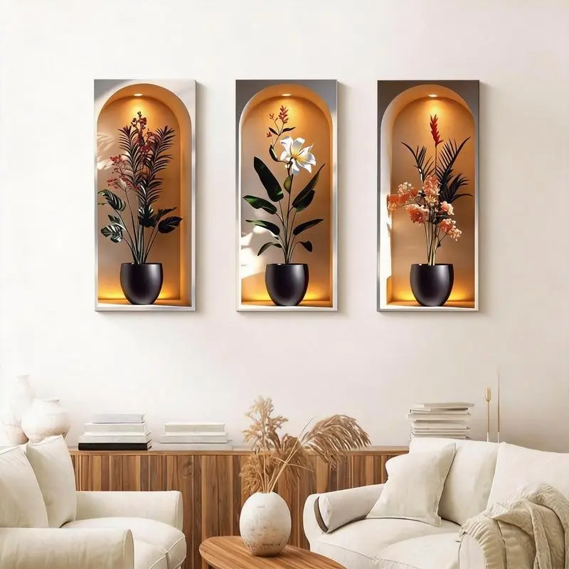 3 Pack Arched Window Tropical Floral Leaf Wall Stickers, Boho Removable Self-Adhesive PVC Wall Decal