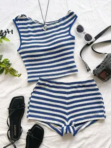 Women's 2-Piece Set Striped Knit Sleeveless Top and Low Waist Tight Shorts, Perfect for Vacation, Party, Christmas, Valentine's Day, Beach, Cruise, Carnival, Easter, Spring Festival