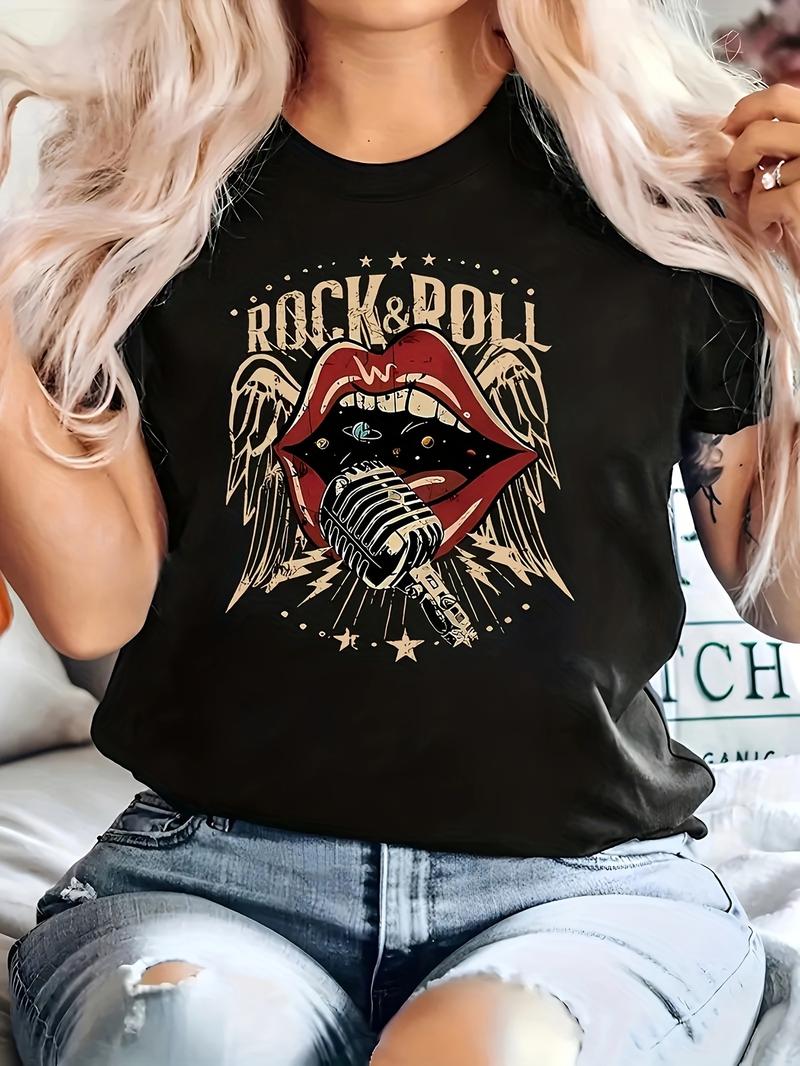 Women's Cotton Black Rock & Roll Graphic Print T-Shirt 180g Short Sleeve Round Neck Casual Summer Tee Retro Winged Microphone Lips Design Fashionable Music Lover's Concert Outfit Trendy Lightweight Breathable Comfy Top Plus  Womenswear Crewneck