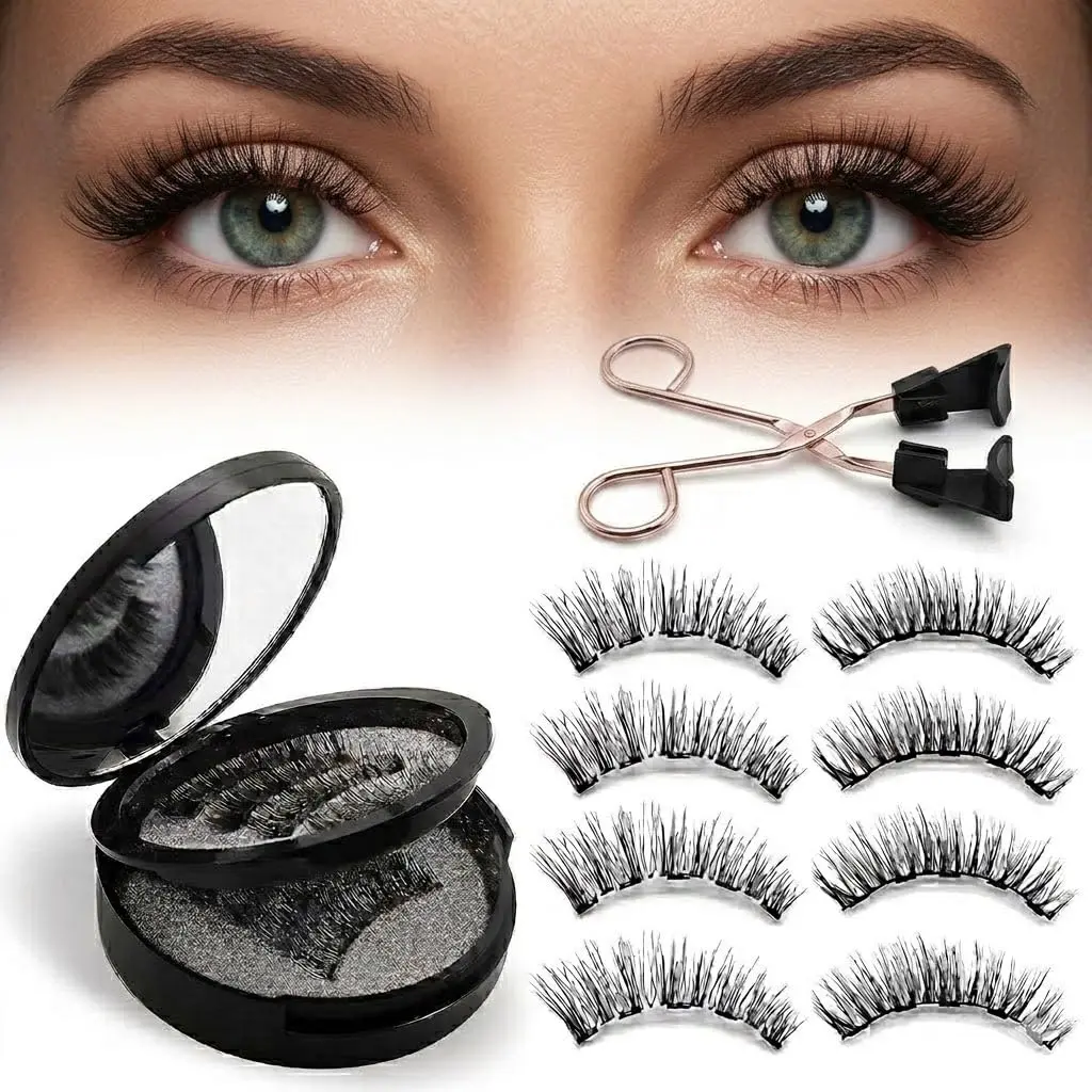 4 Pairs Black No-Glue Magnetic Eyelashes with Applicator, Reusable 3D Wispy Natural False Lashes, All-Day Comfort for Makeup Beginners (Selfie Accessories)