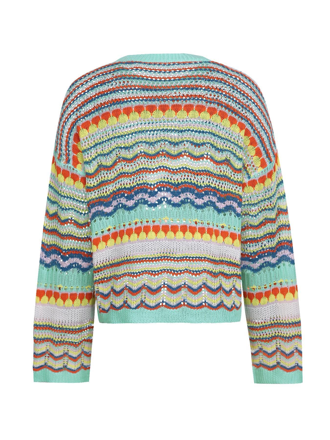 Women's Colorful Striped Print Hollow Out Drop Shoulder Knitting Sweater, Casual Long Sleeve Round Neck Jumper for Spring & Fall, Fashion Women's Knitwear for Daily Wear