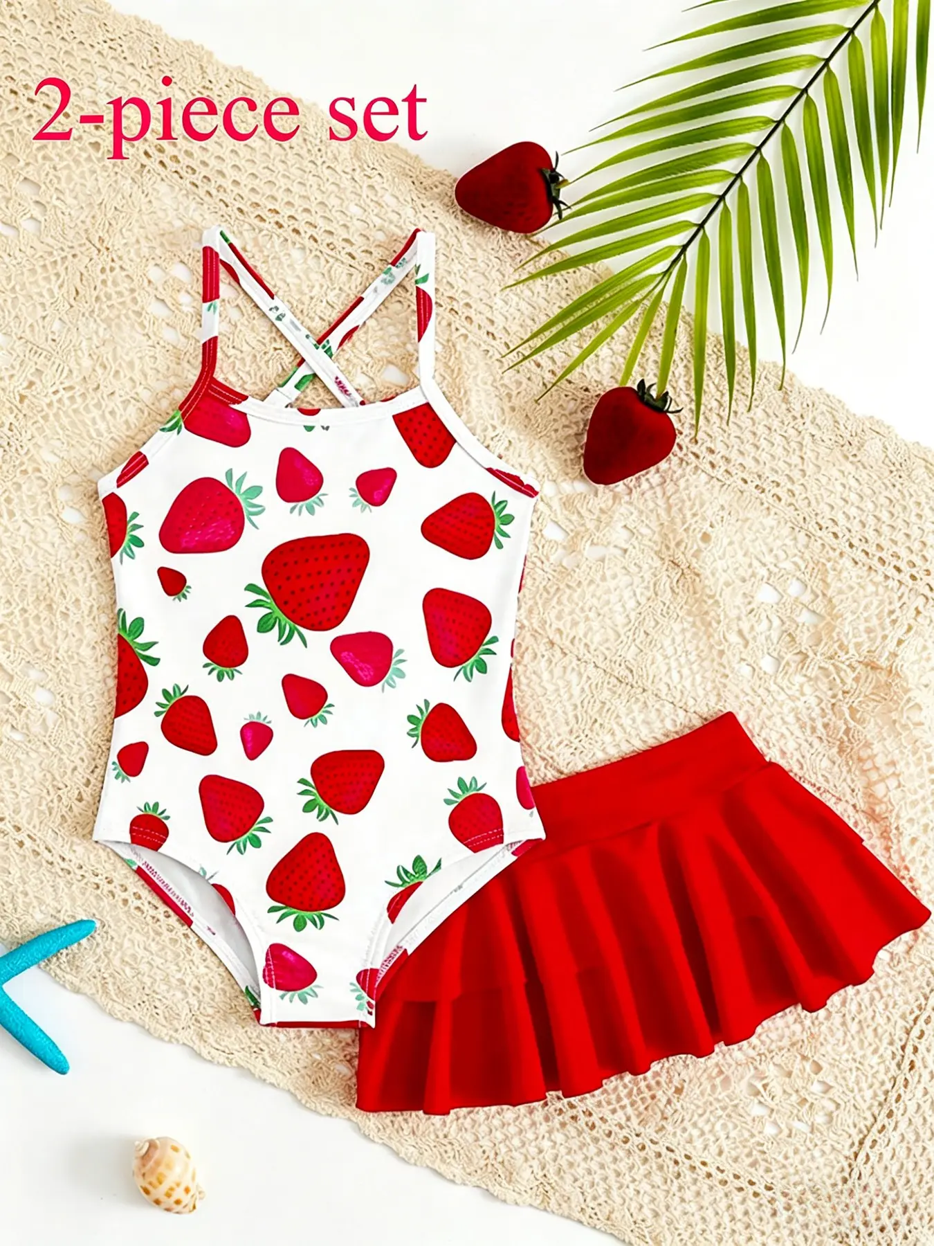 Girls Strawberry Pattern Swimsuit Set, Cute Two-Piece Swimwear, Patterned Swimsuit, Strapless One Piece Top & Layered Ruffle Skirt, Beach Vacation
