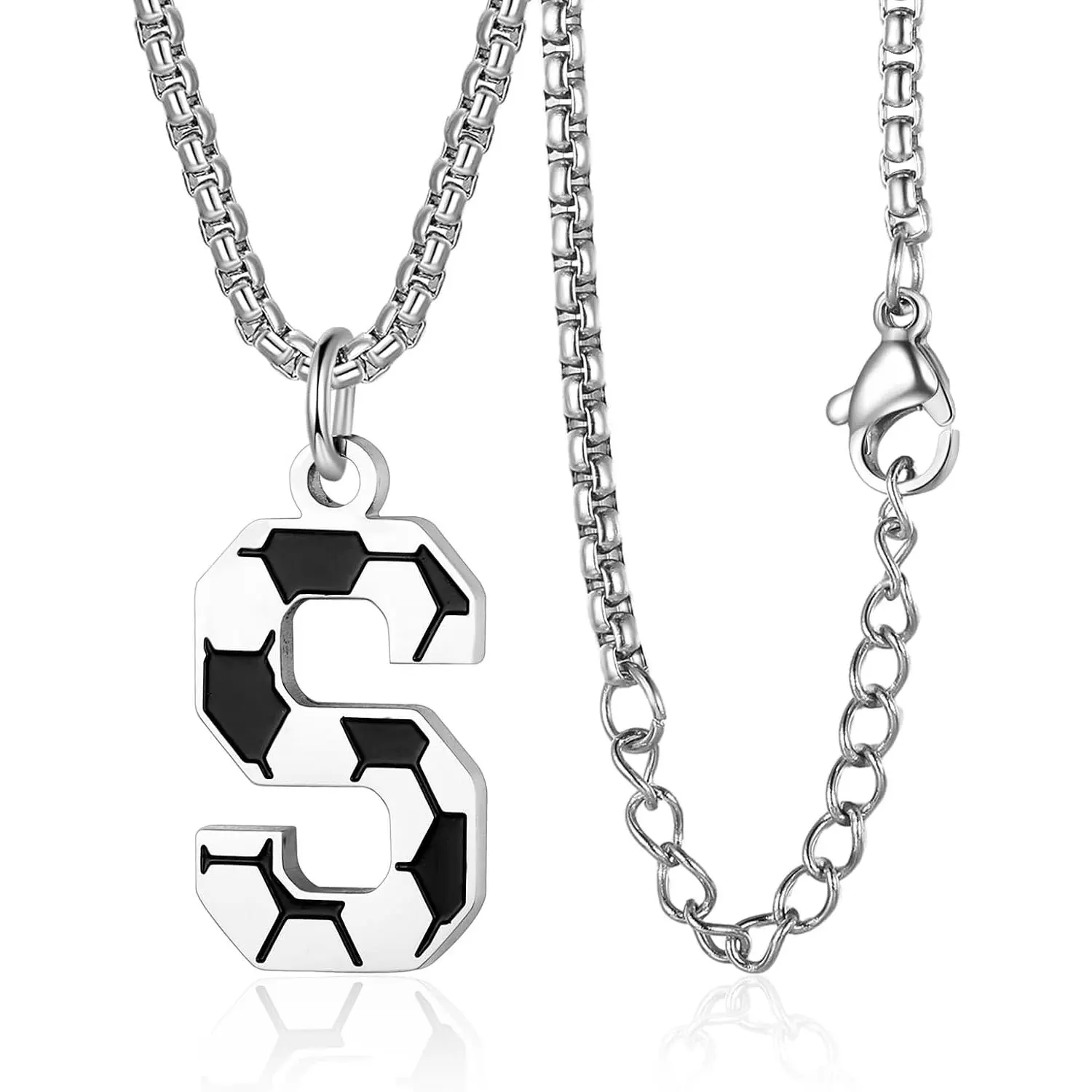 Soccer Initial A-Z Letter Necklace for Men | Soccer Charm Pendant, Stainless Steel,  Box Chain, 22+2 inch