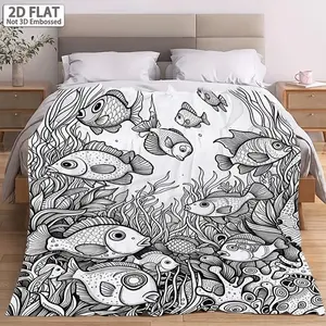2D flat adult flannel blanket in one piece, featuring a black-and-white marine tropical fish design. Available in four sizes, soft and skin-friendly, perfect for bedrooms, offices, camping, car interiors, and home sofas.