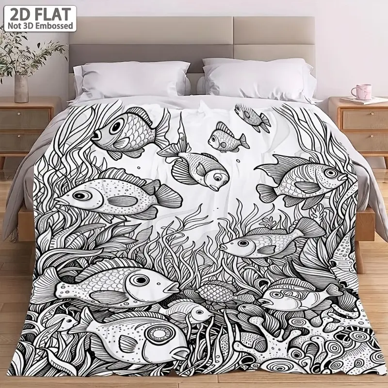 2D flat adult flannel blanket in one piece, featuring a black-and-white marine tropical fish design. Available in four sizes, soft and skin-friendly, perfect for bedrooms, offices, camping, car interiors, and home sofas.