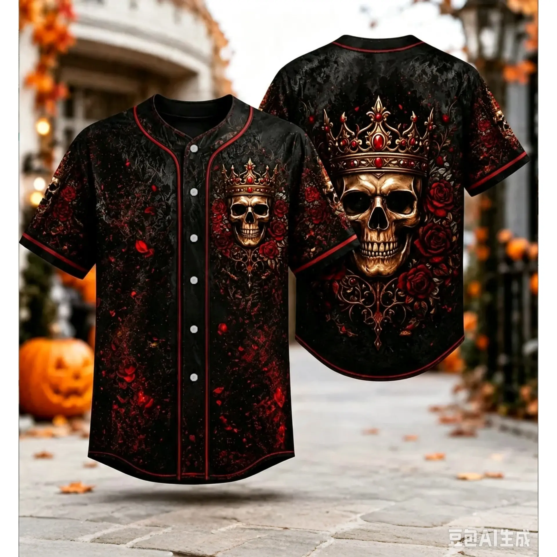 Gothic Vintage Full Print Baseball Jersey,Golden Crown Skull,Red Rose Floral Pattern, Suitable For Halloween Events,Streetwear And Daily Casual Wear,Unisex Outfit For Halloween Party # TikTokMadeMeBuyIt # TikTokShop # GothicBaseballJersey # HalloweenGothi