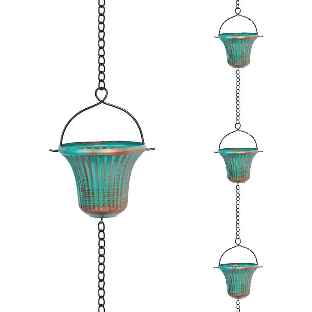 11ft Rain Chains with 12-Cup for Gutters,Eaves, Drainage | Metal Rain Catcher Chain, Replacement Downspout, Adjustable Length, Green