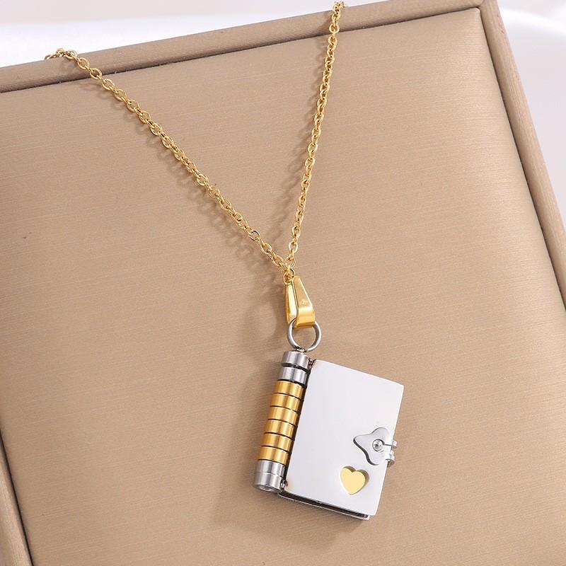 Mothers Day Gift Titanium Steel Necklace for Women, Openable Book Locket Love Letter Pendant Personality Temperament Clavicle Chain