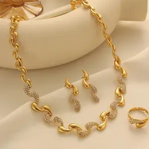 2026Gold Teardrop Alloy 3Pcs Jewelry Set, polished metallic matching necklace earring bracelet combo, classic Middle Eastern ornament for religious festivals, daily formal wear and boutique bulk wholesale sourcing