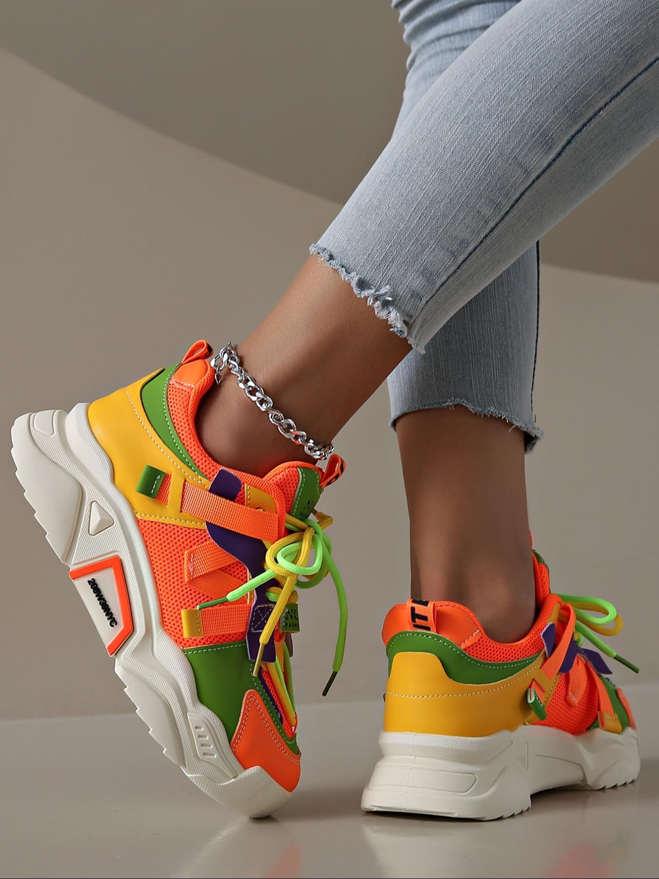 Women's Fashionable Colorblock Lace Up Platform Sneakers, Casual Comfortable Sports Shoes for Daily Wear, Female All-match Round Toe Shoes for Daily Wear, Lightweight Sneakers