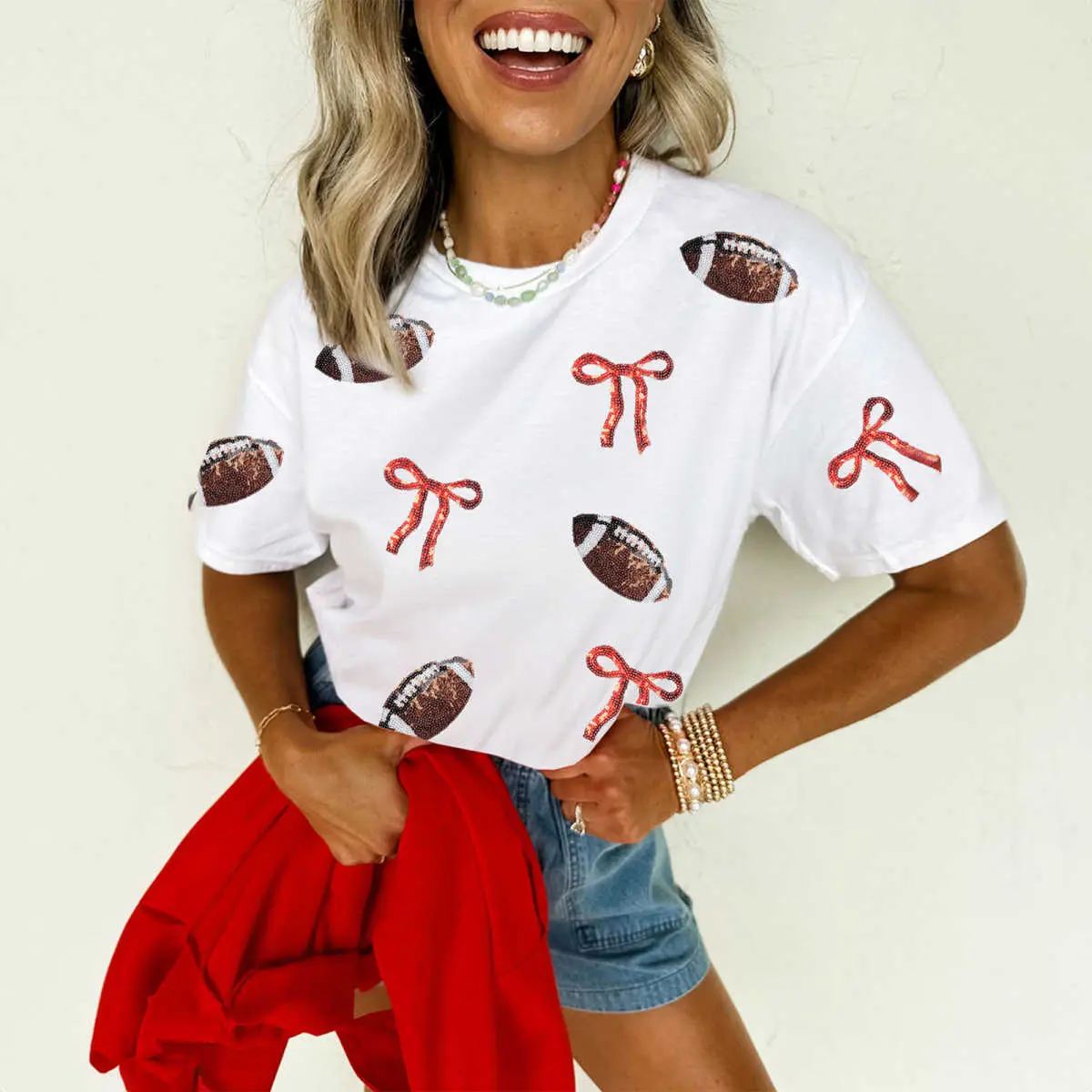 Women's Sequin Rugby Graphic T-Shirt - Round Neck, Short Sleeve, Relaxed Fit, Glittering Bows, Medium Length, Poly-Cotton Mix, Machine Wash Casual Tee