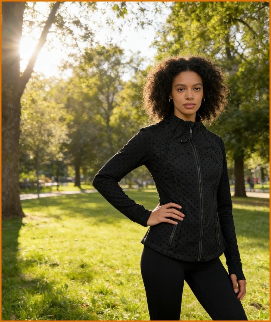 Vibe Outdoor Women's Stylish Black Polka Dot 2-Piece Active Set  Stand Collar Zip Jacket & High Waist Leggings for Yoga, Gym & Daily Wear