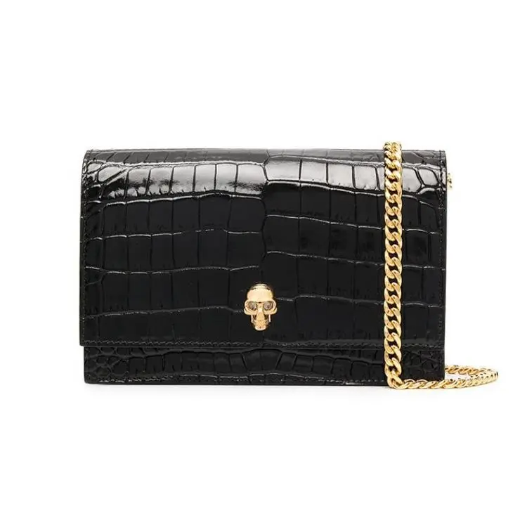 Alexander McQueen MCQ Metallic Skull Magnetic Clasp Crocodile-Embossed Leather Chain Shoulder Bag for Women, Black