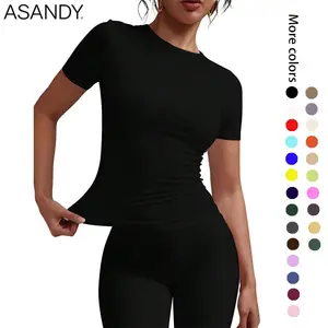 ASANDY Lady's Crew Neck Shortsleeve T-Shirt - 4-Way Stretch, Double Layer, Slim Fit, Comfortable Minimalist Basic Top for Everyday Layering, Workout & Casual Looks
