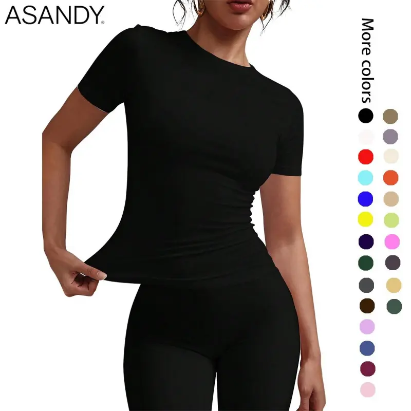 ASANDY Lady's Crew Neck Shortsleeve T-Shirt - 4-Way Stretch Spandex-Nylon Fabric, Double Layer, Slim Fit, Minimalist Comfortable Essential for Everyday Layering & Casual Looks