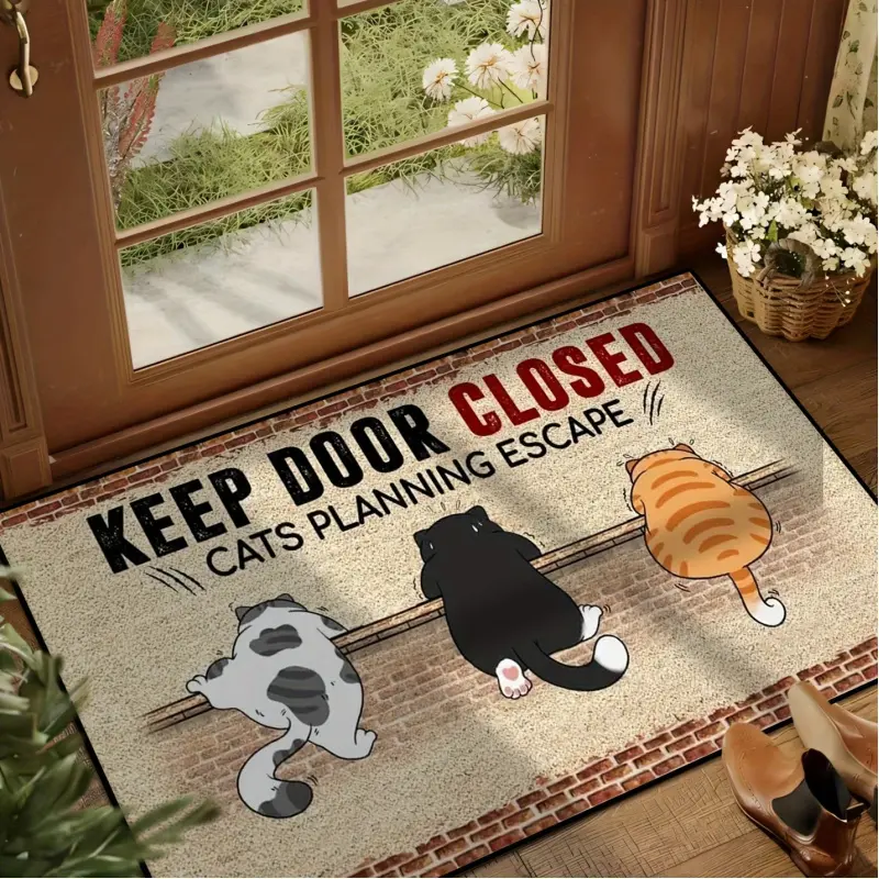 This all-season doormat is perfect for the kitchen, bedroom, living room, entryway, and home decor, featuring the humorous message, Please close the doorthe cat is trying to escape