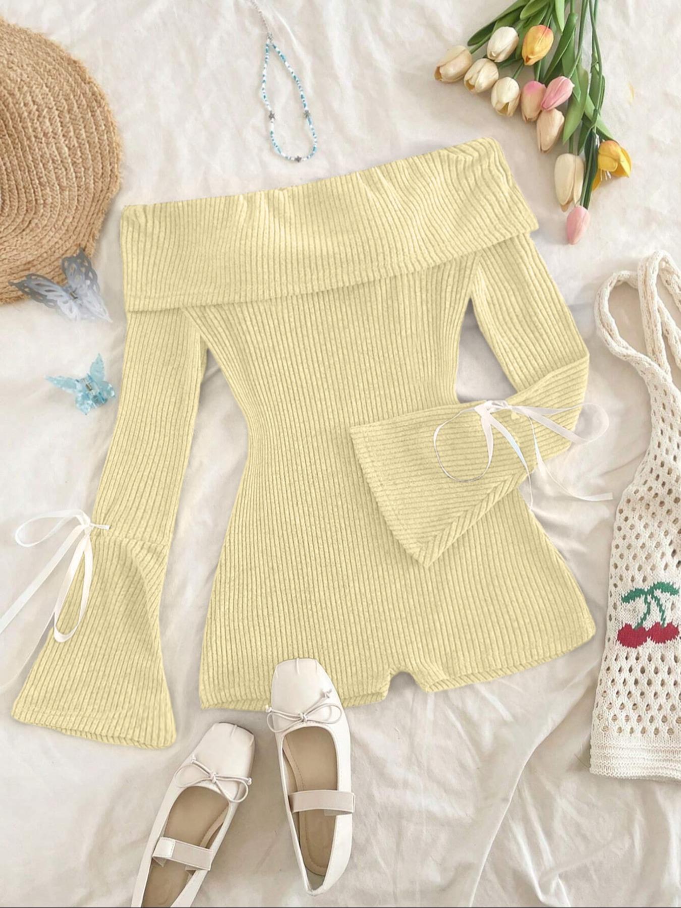 Women's Solid Ribbed Off Shoulder Flounce Sleeve Romper, Casual Fashion Cozy Romper for Daily Outdoor Wear, Women's Clothes for Spring & Fall, Casual Comfy Jumpsuit