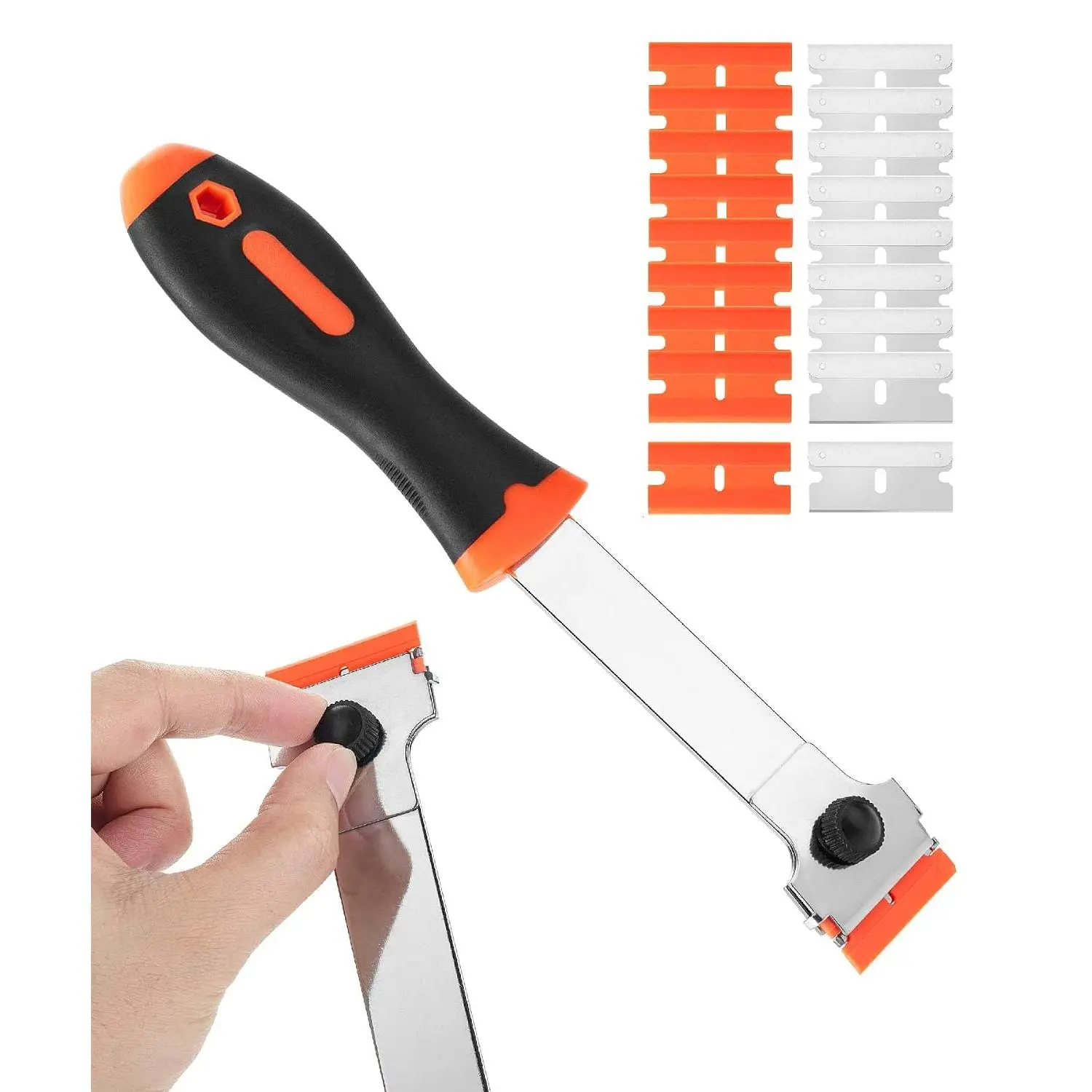 Durable Long-Handle Razor Scraper Tool with 10 Extra Metal Blades & 10 Extra Plastic Blades, [Specify in] Window Glass Scraper for Household Hardware Use, Extra Blades