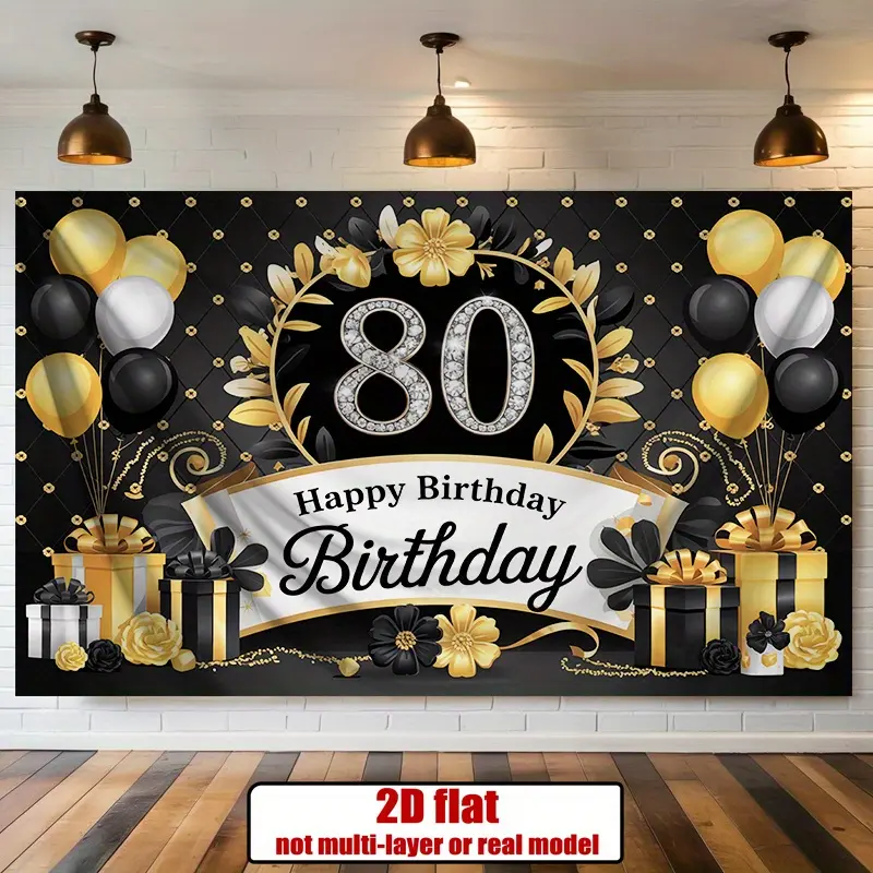 2D flat, 1 piece 80th birthday party banner - black and gold floral design, with balloons, polyester photo prop, for home and wall decoration, no electricity required, perfect for indoor celebrations, birthday party decoration, holiday decoration, elegant