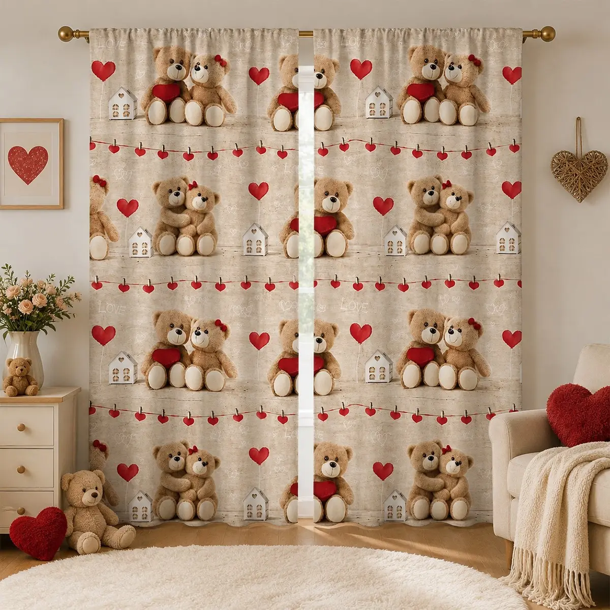 2-Pack Retro Wood Grain Couple Teddy Bear Heart Print Semi-Sheer Curtains Window Curtain - Warm and Romantic Bedroom/Children's Room Soft Lighting Fabric Curtains