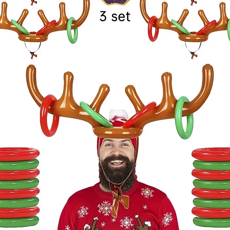 3 Sets Inflatable Reindeer Horn Adult Party Throwing Game Set, Christmas Reindeer Ring Throwing Game, Holiday Party Supplies, Includes Random Pump