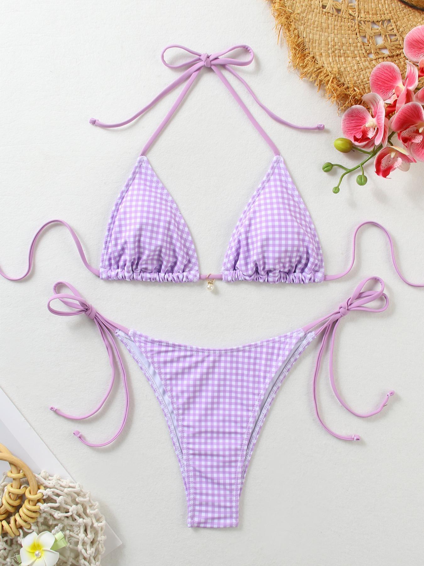 Two-piece Set Women's Gingham Print Halter Ruched Bikini Set, Casual Fashion Chic Swimwear Set for Beach Holiday Vacation, Ladies Swimsuit for All Seasons