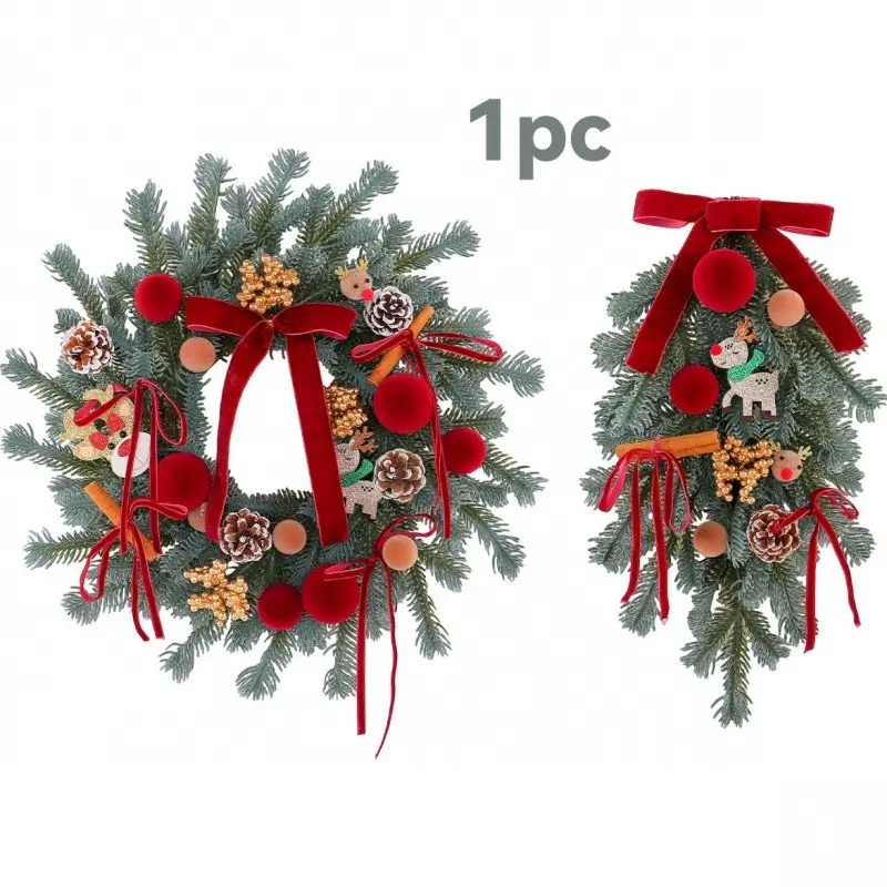 1Pc Christmas Wreath Teardrop Swag Garland Decor Traditional Cozy Farmhouse Rustic Aesthetic Artificial Frosted Spruce Red Velvet Bow Pinecones Reindeer Gold Berries Front Door Wall Hanging Christmas