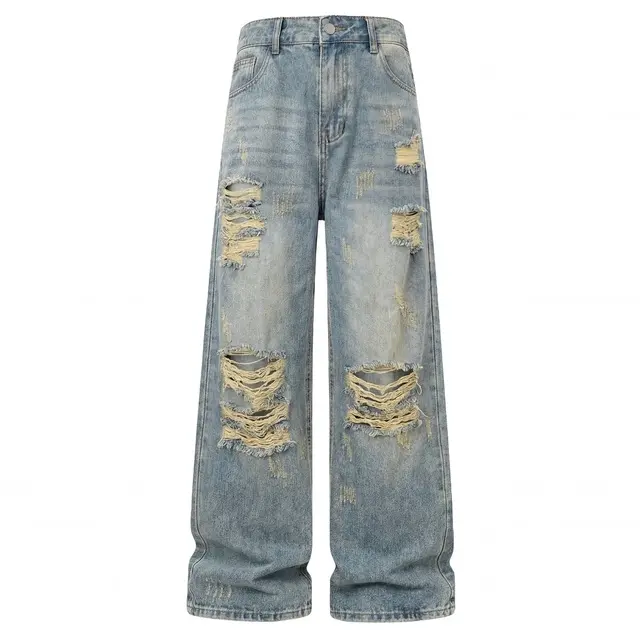 American High Street Ripped Raw Edge Wide-Leg Jeans, Y2K Retro Street Fashion Casual Denim Pants, Wasteland Style Versatile Streetwear Denim Pants For All Seasons, Unisex #   Sohochic