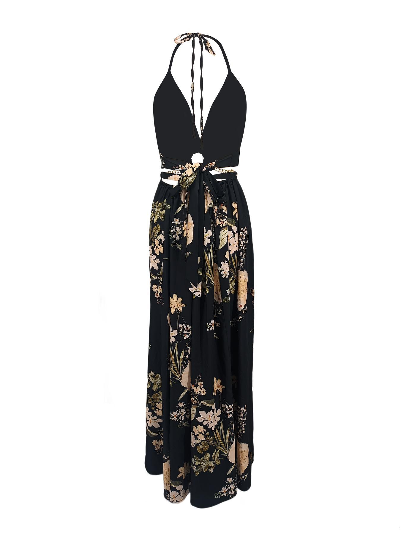 Summer Floral Print Deep V Halter Tie Split Maxi Dress Casual Wear
