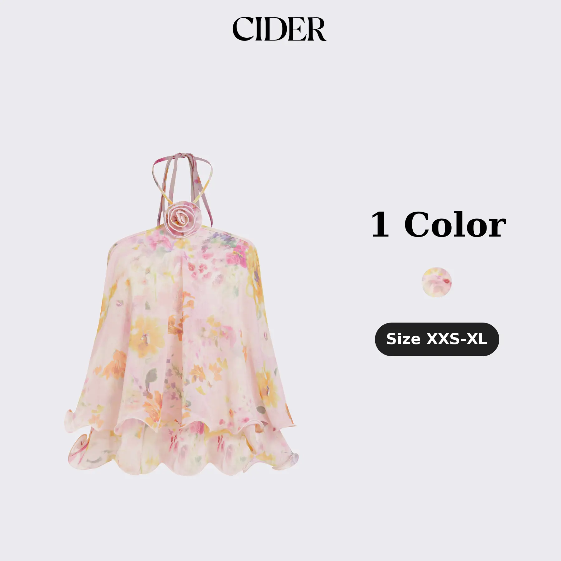 Cider Chiffon Floral Halter Neckline Applique layered Ruffle Hem Top