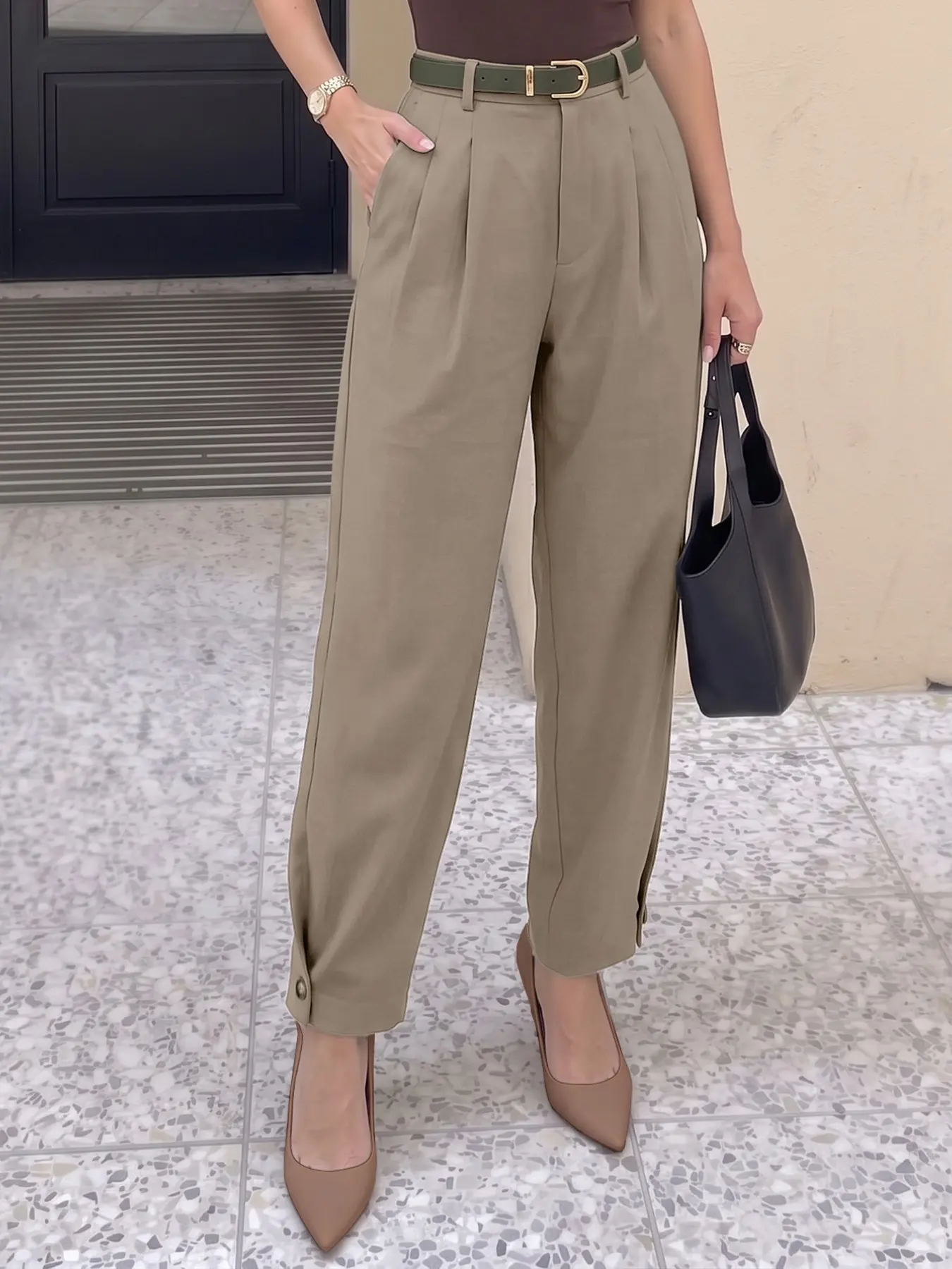 Women's Four-Season Solid Color Harem Pants, Business Casual, Fashionable Streetwear, Pocket Design, No Belt, Office Travel Airport Wear